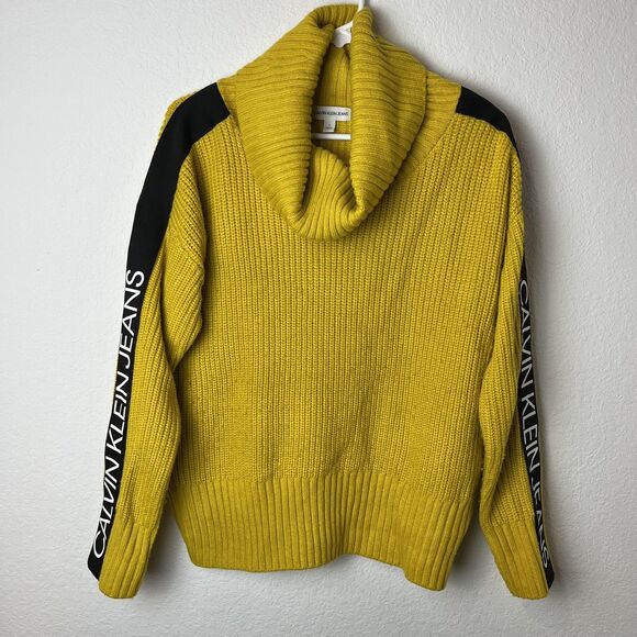 Calvin Klein Jeans Sweater Womens Medium Yellow Cowl Neck Ribbed Chunky Logo - Picture 1 of 7